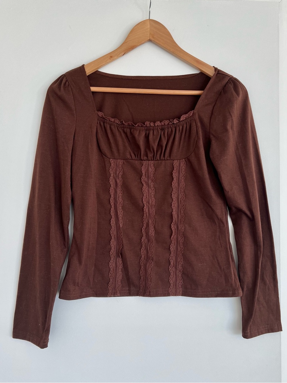 Romwe Chocolate Long-Sleeve Lace-Trim Square Neck Top